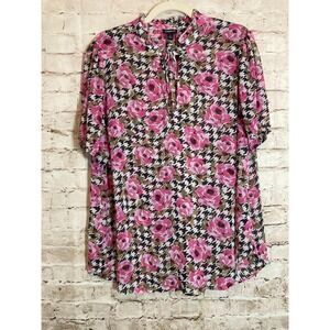 Torrid Top Womens 1X Roses Floral Print Ruffle Trim Romantic Semi Sheer Tie Neck